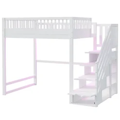 ModernLuxe Lit mezzanine 140x200 cm avec échelle de sécurité - avec barrières de sécurité - lumières LED - blanc (sans matelas)* Lit Mezzanine