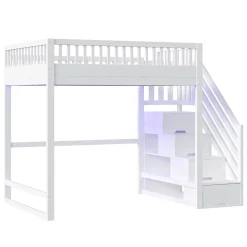ModernLuxe Lit mezzanine 140x200 cm avec échelle de sécurité - avec barrières de sécurité - lumières LED - blanc (sans matelas)* Lit Mezzanine