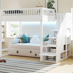 ModernLuxe Lit mezzanine 140x200 cm avec échelle de sécurité - avec barrières de sécurité - lumières LED - blanc (sans matelas)* Lit Mezzanine