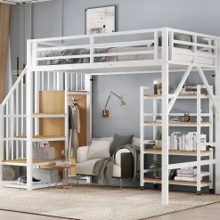 Okwish Lit mezzanine 90x200 cm avec escalier de rangement et étagères intégrées - métal et MDF - blanc + naturel - sans matelas* Lit Mezzanine