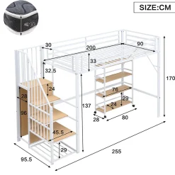 Okwish Lit mezzanine 90x200 cm avec escalier de rangement et étagères intégrées - métal et MDF - blanc + naturel - sans matelas* Lit Mezzanine