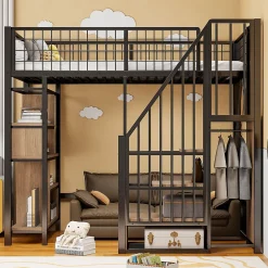 Lit mezzanine 90x200 cm avec escalier coffre et grand espace sous le lit, structure métal/bois>Redom New