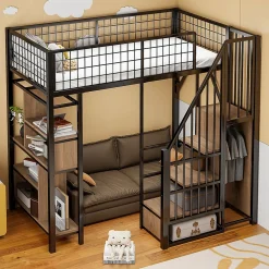 Lit mezzanine 90x200 cm avec escalier coffre et grand espace sous le lit, structure métal/bois><noscript><img width=