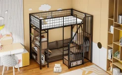 Lit mezzanine 90x200 cm avec escalier coffre et grand espace sous le lit, structure métal/bois><noscript><img width=