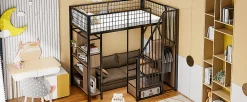 Lit mezzanine 90x200 cm avec escalier coffre et grand espace sous le lit, structure métal/bois><noscript><img width=