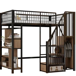 Lit mezzanine 90x200 cm avec escalier coffre et grand espace sous le lit, structure métal/bois><noscript><img width=