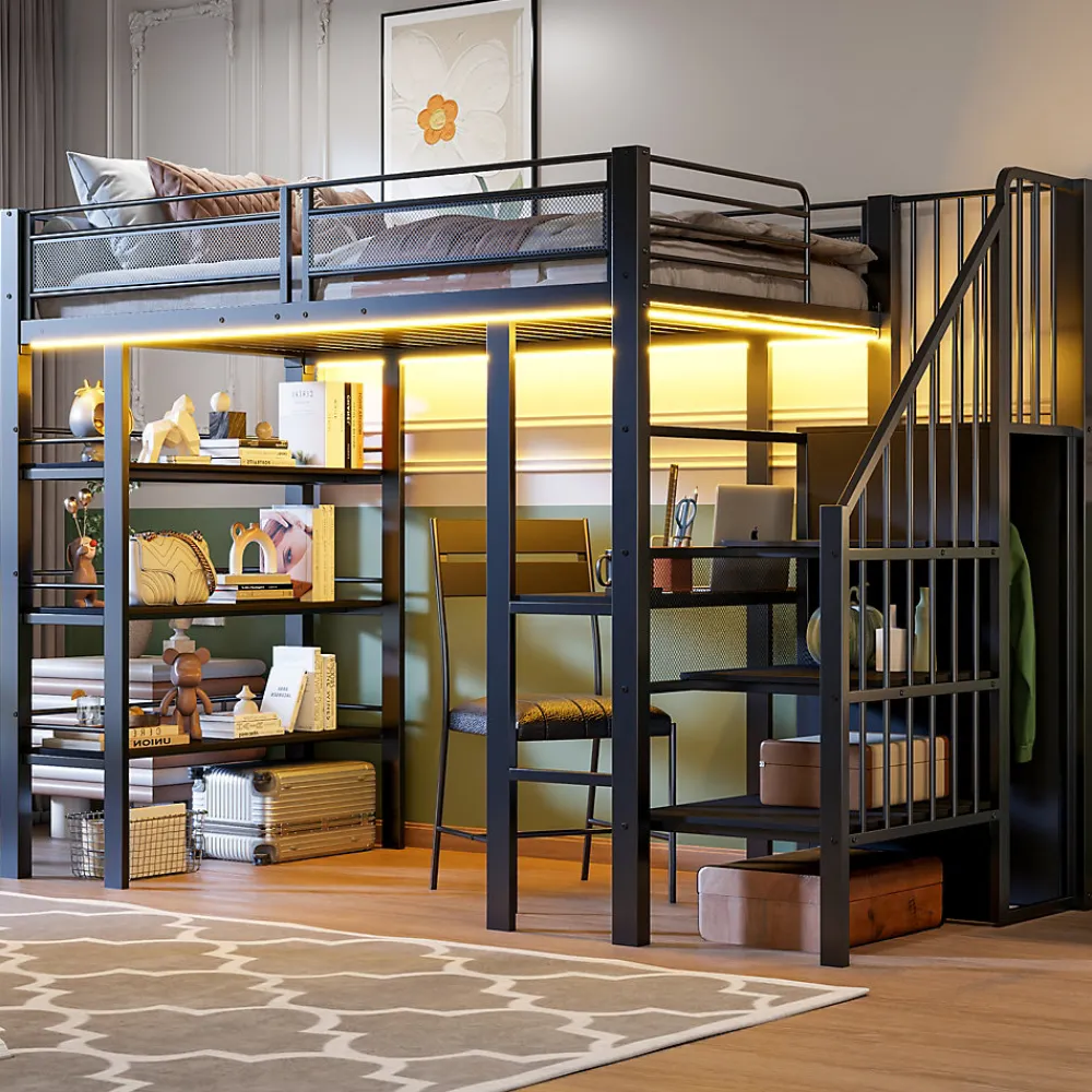Lit mezzanine 90x200 cm avec LED et prise électrique - avec compartiments de rangement - avec étagère - noir (matelas non inclus)>ModernLuxe Hot