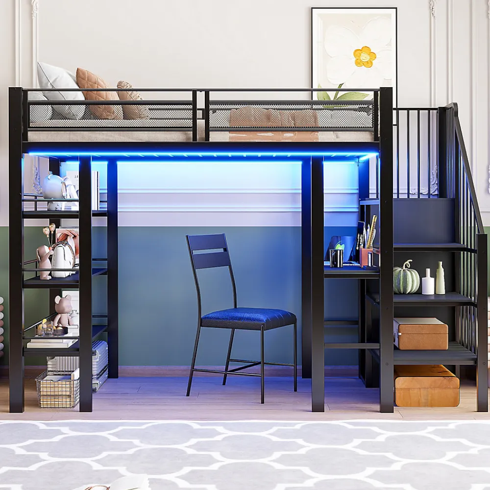 Lit mezzanine 90x200 cm avec LED et prise électrique - avec compartiments de rangement - avec étagère - noir (matelas non inclus)>ModernLuxe Hot