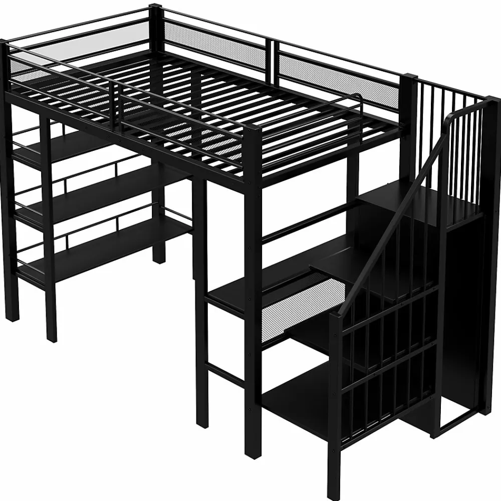 Lit mezzanine 90x200 cm avec LED et prise électrique - avec compartiments de rangement - avec étagère - noir (matelas non inclus)>ModernLuxe Hot