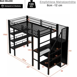 Lit mezzanine 90x200 cm avec LED et prise électrique - avec compartiments de rangement - avec étagère - noir (matelas non inclus)><noscript><img width=