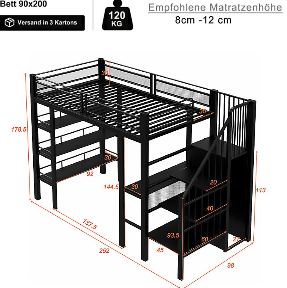 Lit mezzanine 90x200 cm avec LED et prise électrique - avec compartiments de rangement - avec étagère - noir (matelas non inclus)>ModernLuxe Hot