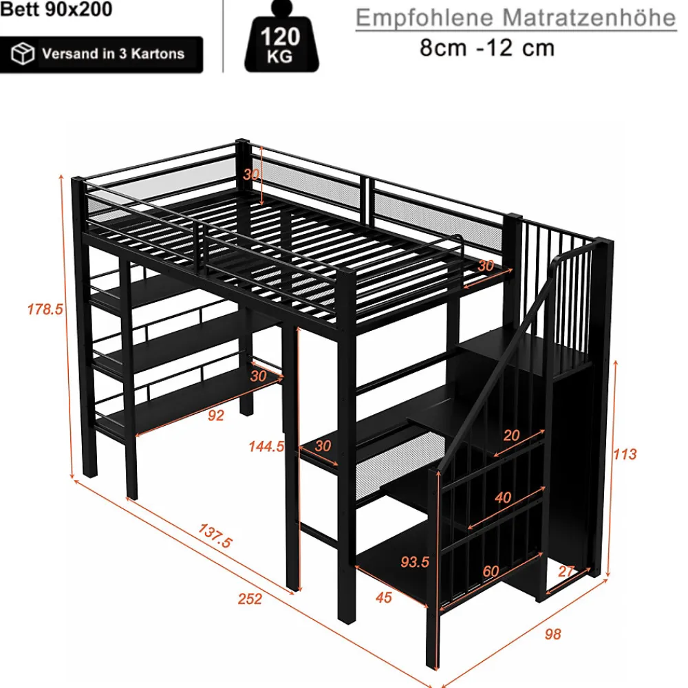 Lit mezzanine 90x200 cm avec LED et prise électrique - avec compartiments de rangement - avec étagère - noir (matelas non inclus)>ModernLuxe Hot