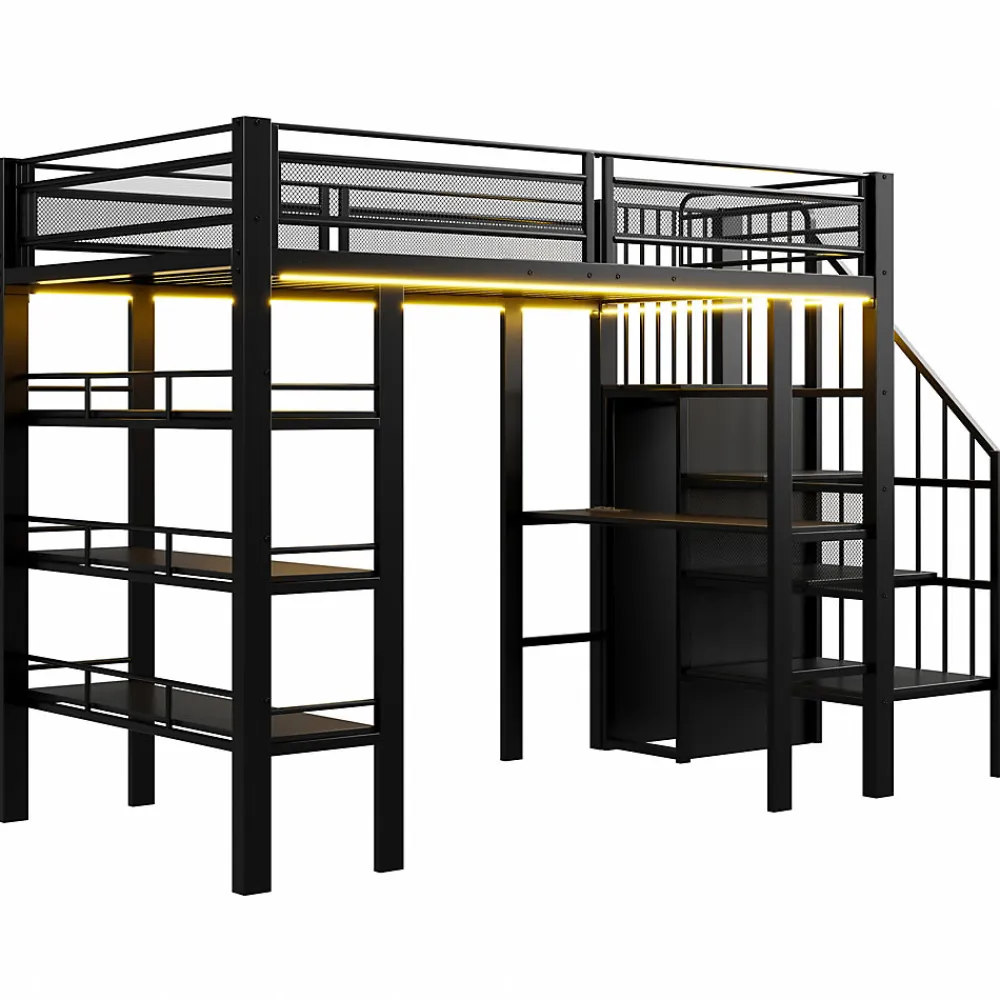 Lit mezzanine 90x200 cm avec LED et prise électrique - avec compartiments de rangement - avec étagère - noir (matelas non inclus)>ModernLuxe Hot