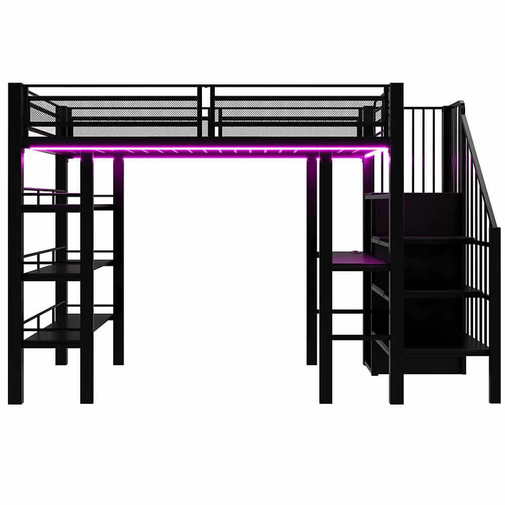 Lit mezzanine 90x200 cm avec LED et prise électrique - avec compartiments de rangement - avec étagère - noir (matelas non inclus)>ModernLuxe Hot