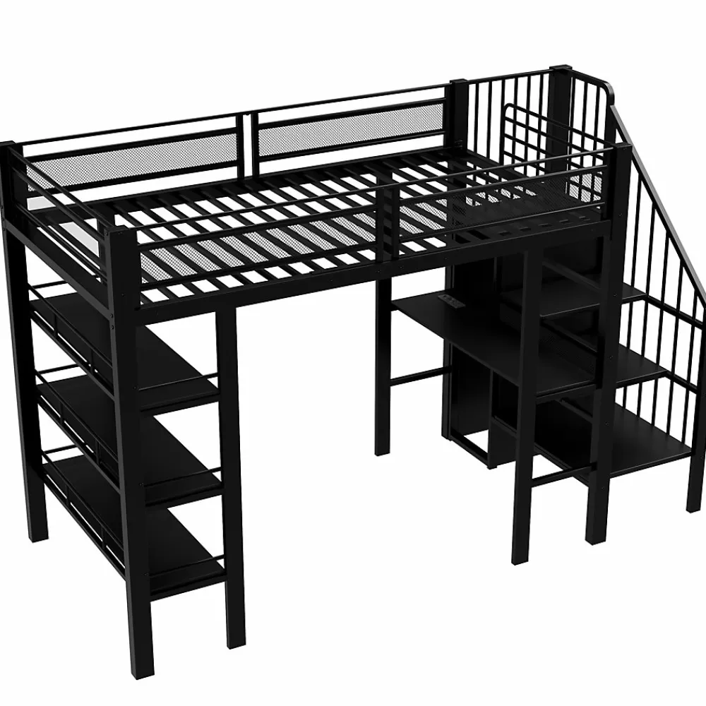 Lit mezzanine 90x200 cm avec LED et prise électrique - avec compartiments de rangement - avec étagère - noir (matelas non inclus)>ModernLuxe Hot