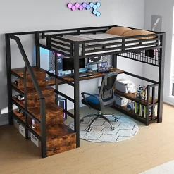 ModernLuxe Lit mezzanine 140x200 cm avec LED - avec penderie et bureau - 2 ports USB + 1 port Type-C - noir (matelas non inclus)* Lit Mezzanine