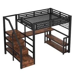 ModernLuxe Lit mezzanine 140x200 cm avec LED - avec penderie et bureau - 2 ports USB + 1 port Type-C - noir (matelas non inclus)* Lit Mezzanine