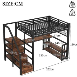 ModernLuxe Lit mezzanine 140x200 cm avec LED - avec penderie et bureau - 2 ports USB + 1 port Type-C - noir (matelas non inclus)* Lit Mezzanine