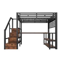 ModernLuxe Lit mezzanine 140x200 cm avec LED - avec penderie et bureau - 2 ports USB + 1 port Type-C - noir (matelas non inclus)* Lit Mezzanine