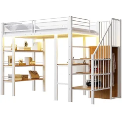 Lit mezzanine 90x200 cm avec LED et prise électrique - avec compartiments de rangement - avec étagère - blanc (matelas non inclus)><noscript><img width=