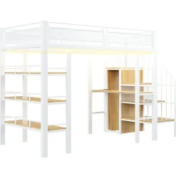 Lit mezzanine 90x200 cm avec LED et prise électrique - avec compartiments de rangement - avec étagère - blanc (matelas non inclus)><noscript><img width=