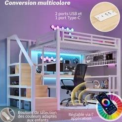 ModernLuxe Lit mezzanine 140x200 cm avec LED - avec penderie et bureau - 2 ports USB + 1 port Type-C - blanc (matelas non inclus)* Lit Mezzanine