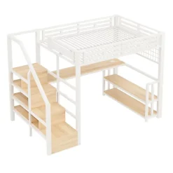 ModernLuxe Lit mezzanine 140x200 cm avec LED - avec penderie et bureau - 2 ports USB + 1 port Type-C - blanc (matelas non inclus)* Lit Mezzanine