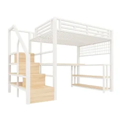 ModernLuxe Lit mezzanine 140x200 cm avec LED - avec penderie et bureau - 2 ports USB + 1 port Type-C - blanc (matelas non inclus)* Lit Mezzanine
