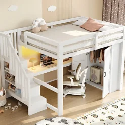 Lit mezzanine 140x200 cm avec LED - avec bureau et armoire - échelle de rangement - port USB - blanc (sans matelas)>ModernLuxe