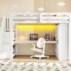 Lit mezzanine 140x200 cm avec LED - avec bureau et armoire - échelle de rangement - port USB - blanc (sans matelas)><noscript><img width=