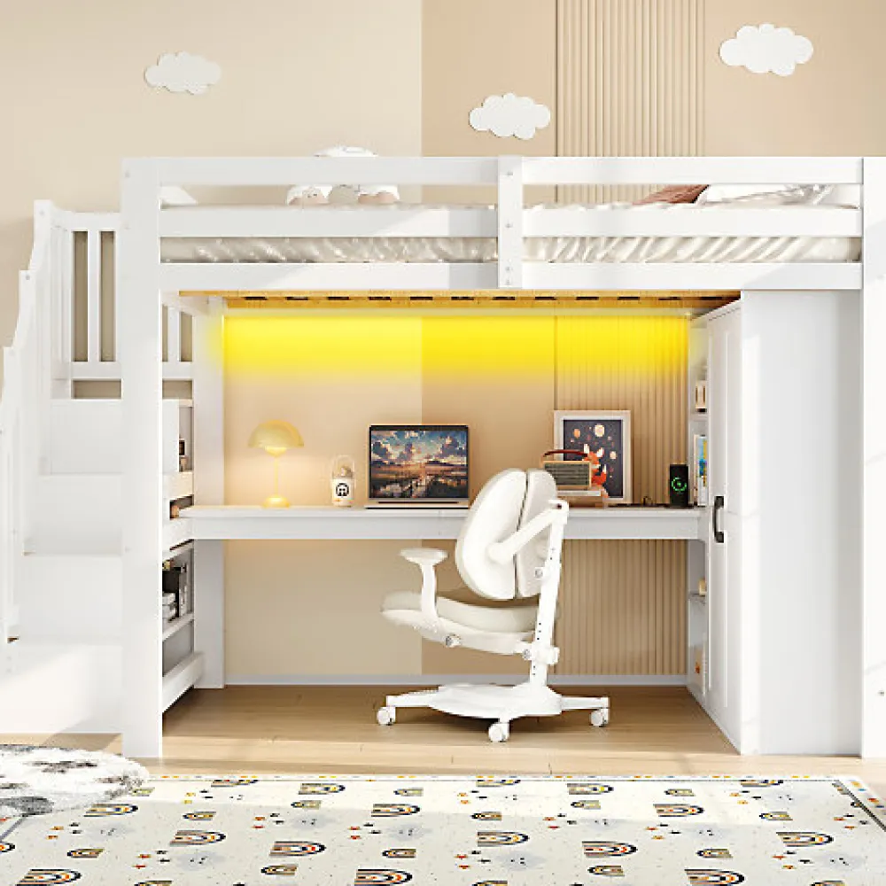 Lit mezzanine 140x200 cm avec LED - avec bureau et armoire - échelle de rangement - port USB - blanc (sans matelas)>ModernLuxe