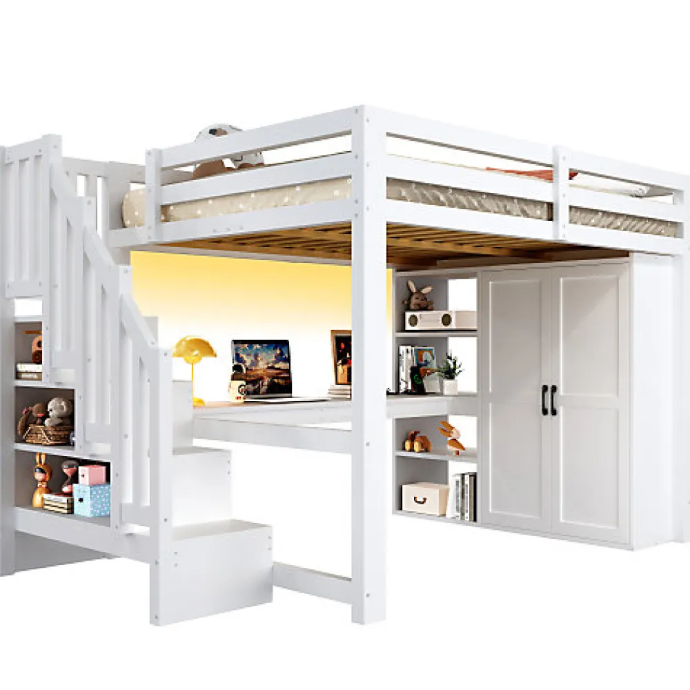 Lit mezzanine 140x200 cm avec LED - avec bureau et armoire - échelle de rangement - port USB - blanc (sans matelas)>ModernLuxe
