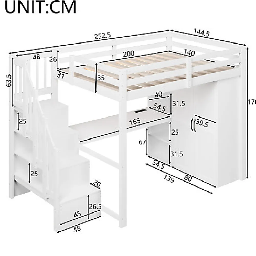 Lit mezzanine 140x200 cm avec LED - avec bureau et armoire - échelle de rangement - port USB - blanc (sans matelas)>ModernLuxe