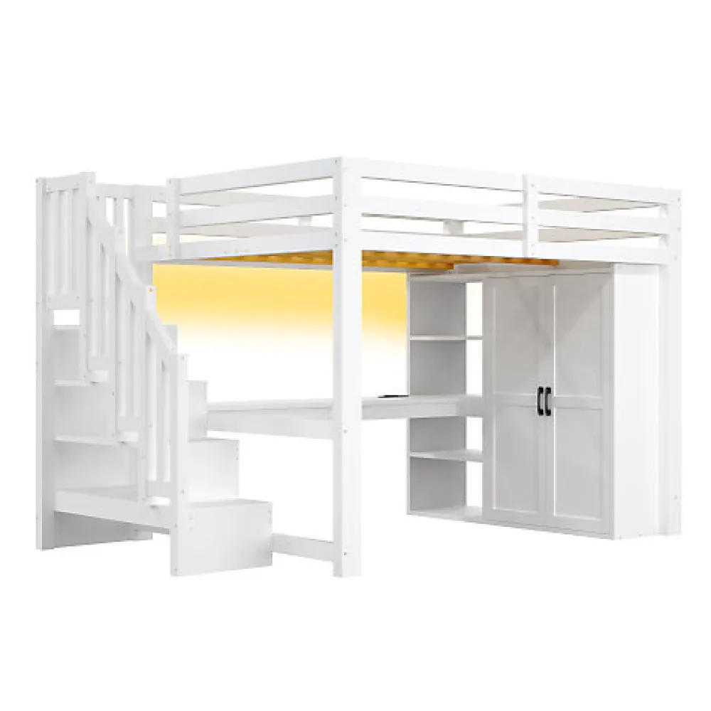Lit mezzanine 140x200 cm avec LED - avec bureau et armoire - échelle de rangement - port USB - blanc (sans matelas)>ModernLuxe