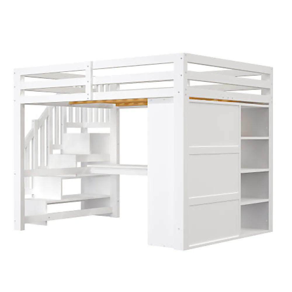 Lit mezzanine 140x200 cm avec LED - avec bureau et armoire - échelle de rangement - port USB - blanc (sans matelas)>ModernLuxe