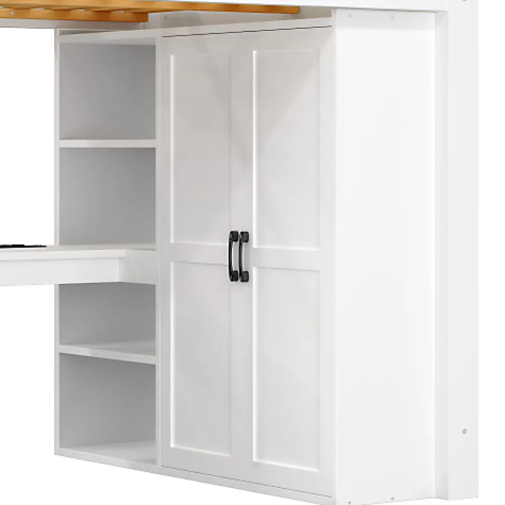 Lit mezzanine 140x200 cm avec LED - avec bureau et armoire - échelle de rangement - port USB - blanc (sans matelas)>ModernLuxe