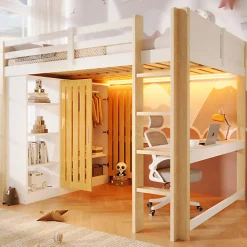 Lit mezzanine 140x200 cm avec LED - avec armoire - avec étagères et bureau - blanc + naturel (matelas non inclus)>ModernLuxe Discount