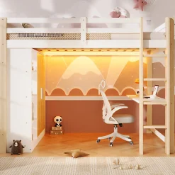Lit mezzanine 140x200 cm avec LED - avec armoire - avec étagères et bureau - blanc + naturel (matelas non inclus)>ModernLuxe Discount