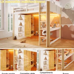 Lit mezzanine 140x200 cm avec LED - avec armoire - avec étagères et bureau - blanc + naturel (matelas non inclus)><noscript><img width=