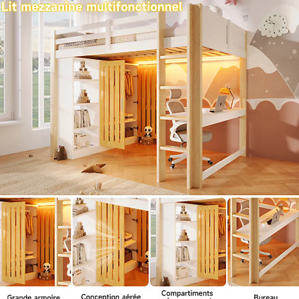Lit mezzanine 140x200 cm avec LED - avec armoire - avec étagères et bureau - blanc + naturel (matelas non inclus)>ModernLuxe Discount