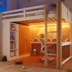 Lit mezzanine 140x200 cm avec LED - avec armoire - avec étagères et bureau - blanc + naturel (matelas non inclus)><noscript><img width=