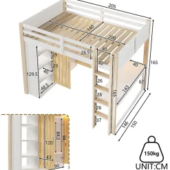 Lit mezzanine 140x200 cm avec LED - avec armoire - avec étagères et bureau - blanc + naturel (matelas non inclus)><noscript><img width=