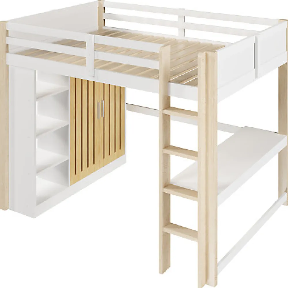 Lit mezzanine 140x200 cm avec LED - avec armoire - avec étagères et bureau - blanc + naturel (matelas non inclus)>ModernLuxe Discount