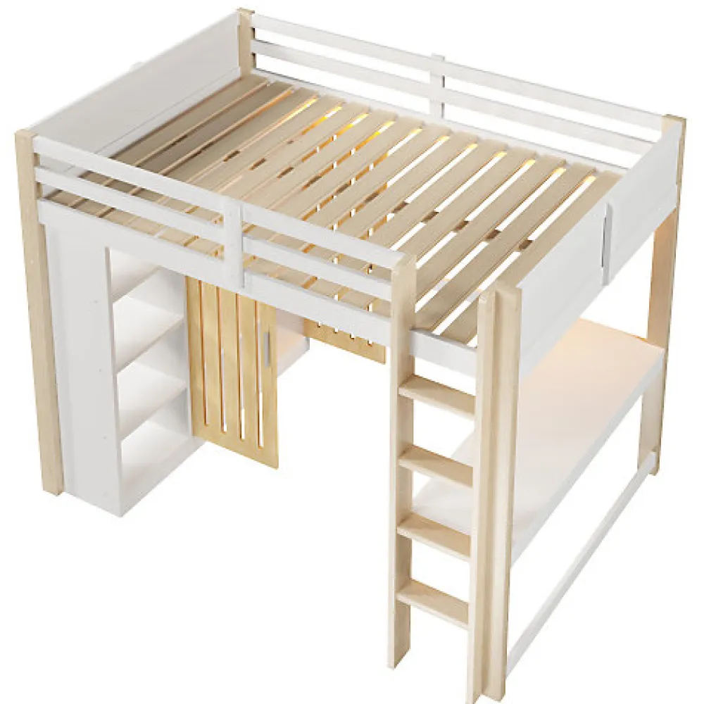 Lit mezzanine 140x200 cm avec LED - avec armoire - avec étagères et bureau - blanc + naturel (matelas non inclus)>ModernLuxe Discount