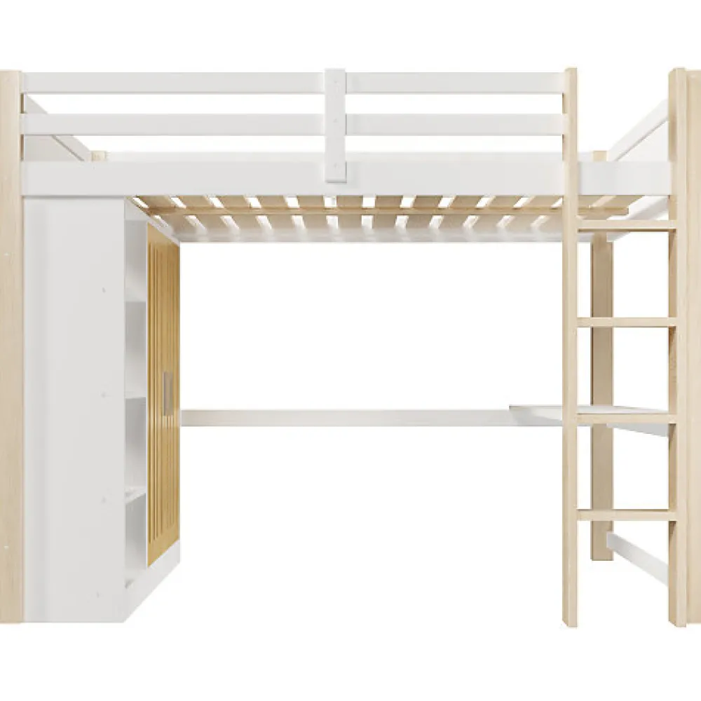 Lit mezzanine 140x200 cm avec LED - avec armoire - avec étagères et bureau - blanc + naturel (matelas non inclus)>ModernLuxe Discount