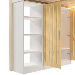 Lit mezzanine 140x200 cm avec LED - avec armoire - avec étagères et bureau - blanc + naturel (matelas non inclus)><noscript><img width=