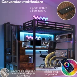 Lit mezzanine 90x200 cm avec LED - avec penderie et bureau - 2 ports USB + 1 port Type-C - noir (matelas non inclus)><noscript><img width=