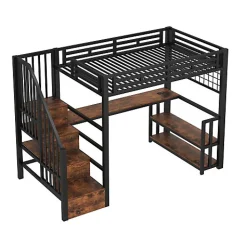 Lit mezzanine 90x200 cm avec LED - avec penderie et bureau - 2 ports USB + 1 port Type-C - noir (matelas non inclus)><noscript><img width=