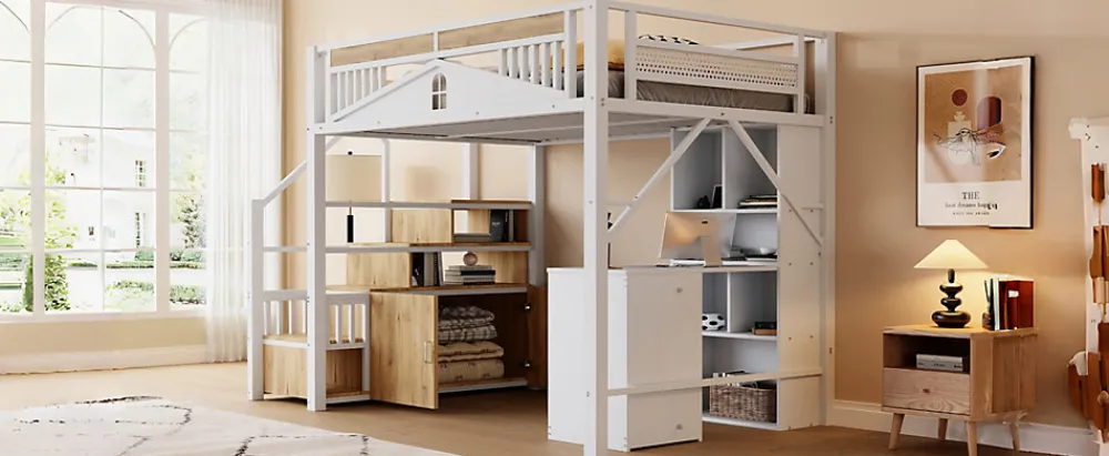 Lit mezzanine 140x200 cm avec rangement sous marches, garde-corps fenêtre et structure métal/bois>Redom Outlet
