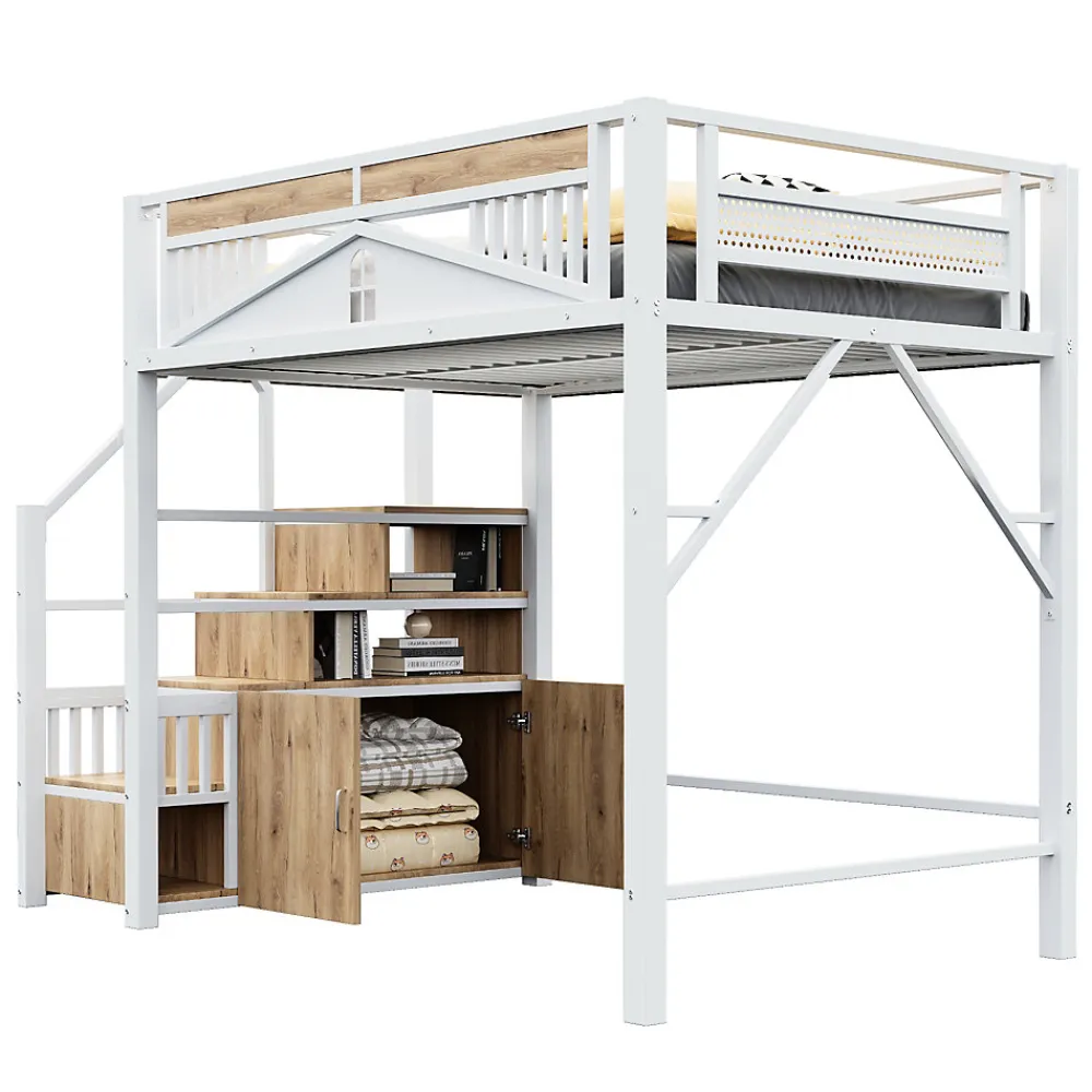 Lit mezzanine 140x200 cm avec rangement sous marches, garde-corps fenêtre et structure métal/bois>Redom Outlet